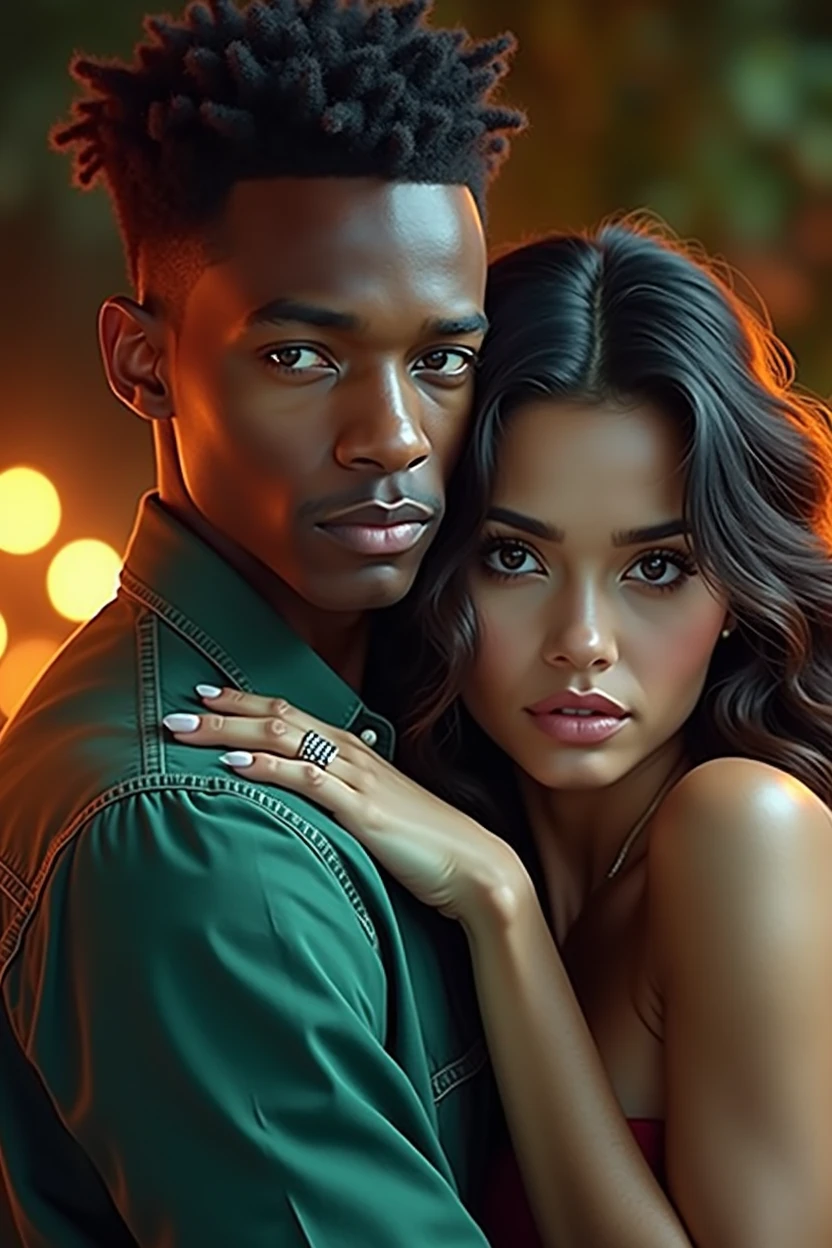 A young afroamerican man, a beautiful Latin woman with dark skin and chocolate color eyes looking at viewer, emerald green color, seductive, balanced, perfect beauty, (best quality,4k,8k,highres,masterpiece:1.2),ultra-detailed,(realistic,photorealistic,photo-realistic:1.37),oil painting,cinematic lighting,dramatic contrast,chiaroscuro,warm color palette,sensual,intimate,romantic
