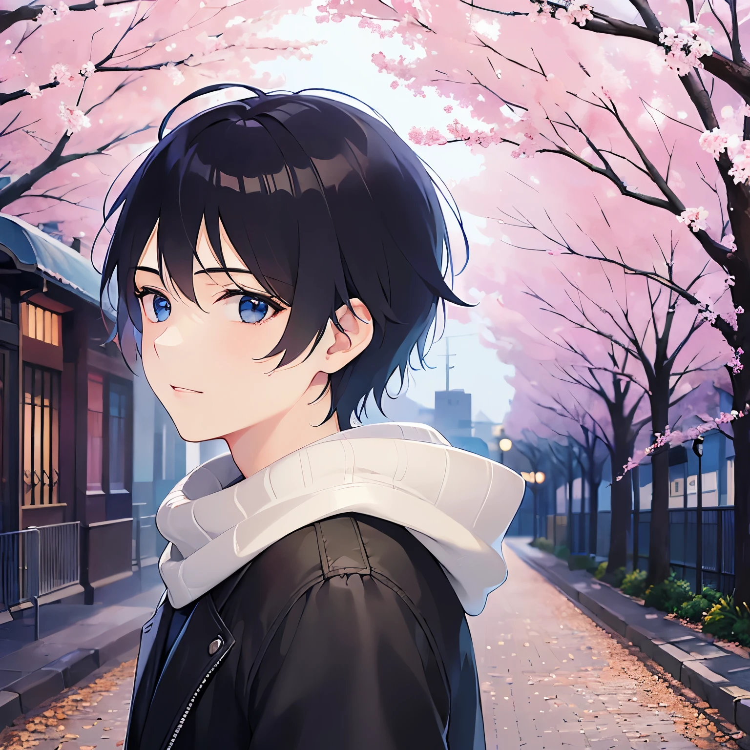 (looking away:1.5),upper body、Side shot、
shiny skin, masterpiece、Highest quality、
(20-year-old male:1.5) and (Black short hair) and (blue eyes),
gakuran,white scarf,
sad,smile,The background is school、cherry blossoms、(alone:1.5)