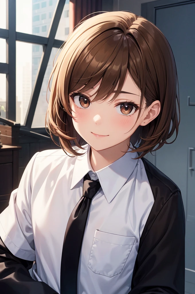 (((masterpiece; best quality: 1.2))), (finely detailed eyes: 1.3), ((1 male teen)), ((solo)), (brown eyes: 1.4), (body shape; lean, masculine, manly: 1.3), (very short blond hair: 1.3), (clear background: 1.2), ((depth of field)), (equipment: school uniform + black jacket + black necktie + white shirt: 1.3), (anime illustration: 1.2), (background composition; japanese highschool classroom + furniture: 1.1), (extremely handsome: 1.1), (shot composition; standing + centered on face + medium-shot close-up: 1.5), (facial expression; calm + smile: 1.2)