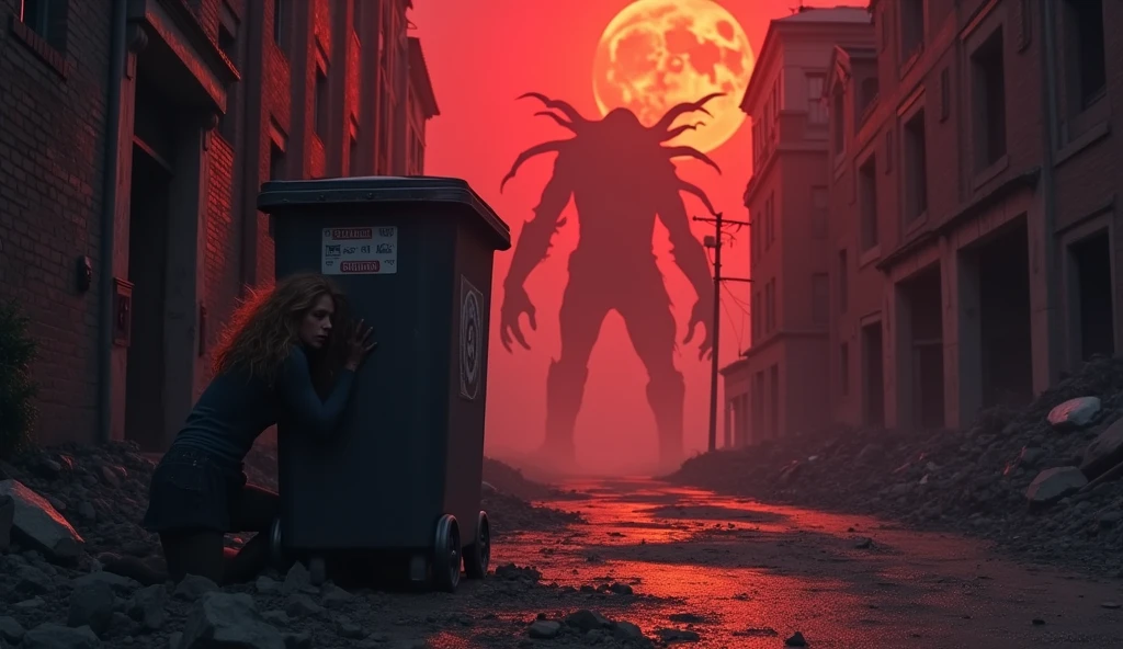 Close-up of a woman hiding, kneeling, behind a garbage container in an alley, desolate city, destroyed buildings, dark, red fog in the sky, moonlit night, dirty and torn clothes, huge Cthulhu seen in the distance over the buildings.