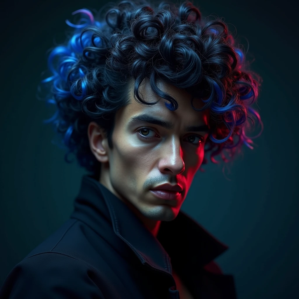 a man with very curly (black hair with blue highlights), intricate hairstyle, detailed facial features, striking expression, cinematic lighting, dramatic shadows, vibrant colors, digital art, photorealistic, 8k, highly detailed, masterpiece