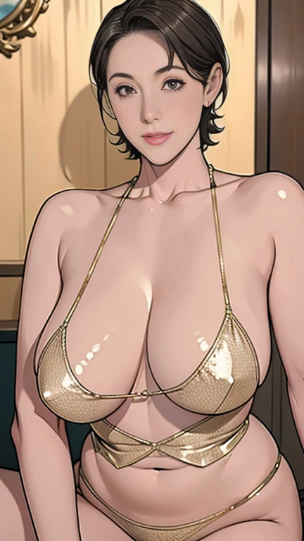 1,short hair,Photorealism,detailed,masterpiece,mature,((full)), (Broad shoulders), ((Huge)),Gold Micro Bikini,Showing cleavage,look at your thighs,Great hole,smile,masterpiece,High quality illustrations