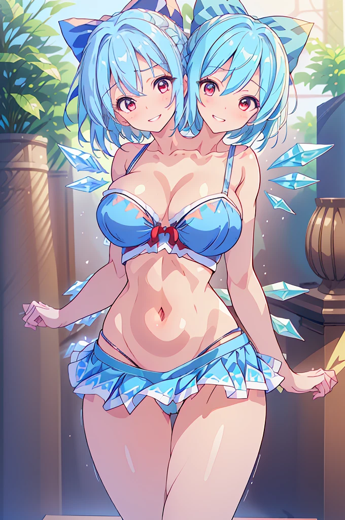 (masterpiece, best quality),best quality, (ultra-detailed), (3heads:1.5), 1girl, (cirno:1.3), masterpiece, best quality, ultra quality, ultra resolution, ultra detail, light blue top, crop top, ((stomach)), midriff, ((groin)), blue skirt, normal ears, shackles, light blue hair, short hair, smirk, smiling, happy grin, red eyes, parted lips, very detailed eyes, smiling, smirk, smug, cute, toned belly, hand on own chest, eyelashes, (23 year old woman:1.3), (masterpiece:1.5), (best quality:1.5), (beautiful detailed), extremely detailed CG, extremely delicate and beautiful, depth of field, (finely detailed face), (perfect details:1.2), (mature female:1.3), wide pelvis, slender, large veiny breast, 16k resolution, highres, very high quality, very high definition, extremely detailed, masterpiece, blue hair, short hair, alluring presence, braid, short skirt, close up, very big tits, huge breasts, young, ice wings, blue bow,