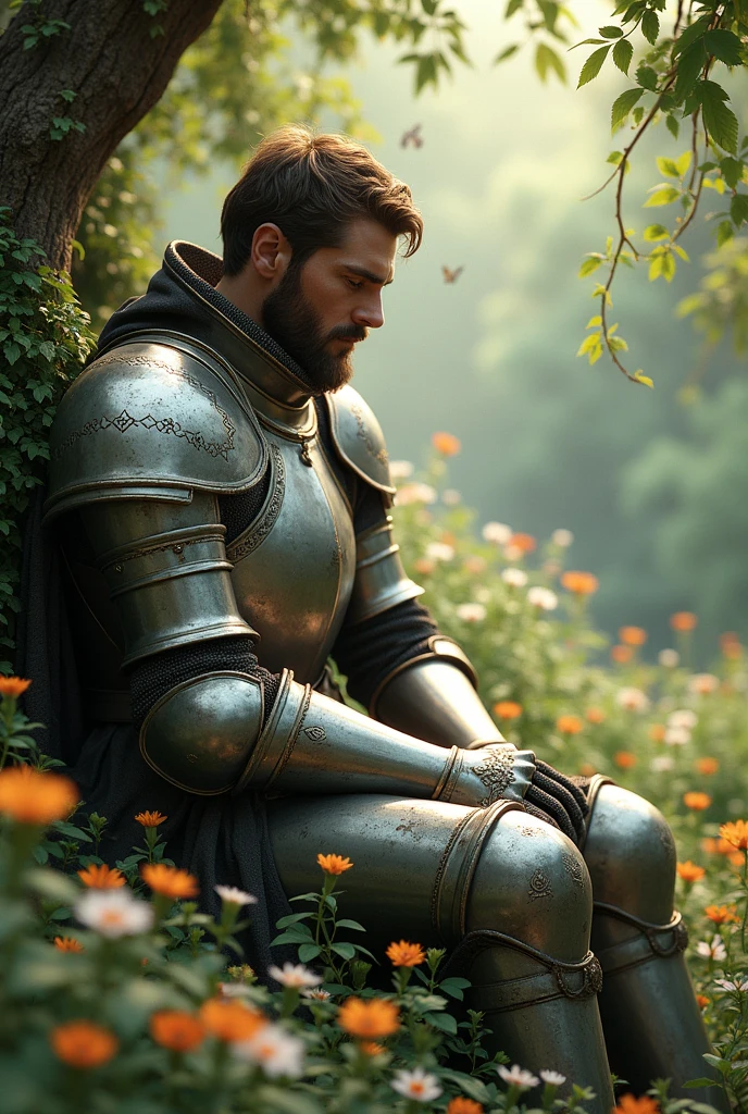 Imagine a knight sitting in the center of a vibrant and lively garden. Seu traje, a partially worn armor, reflects a soft glow under the sunlight that filters through the leaves of the trees. .