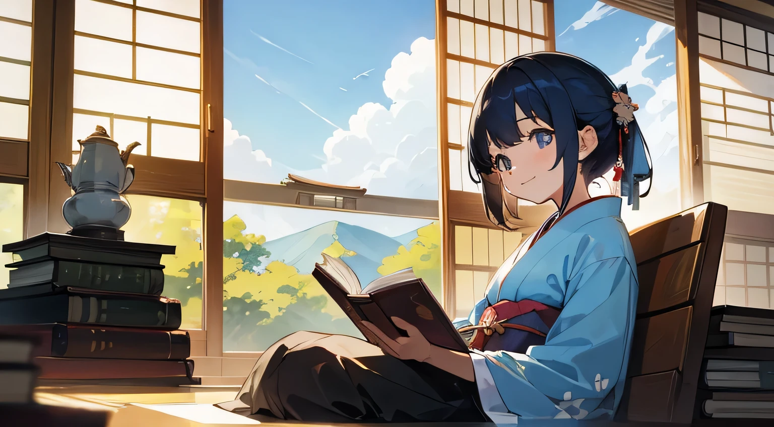 liblary,books,smile,kimono,japanese girl,reading book,window,blue sky