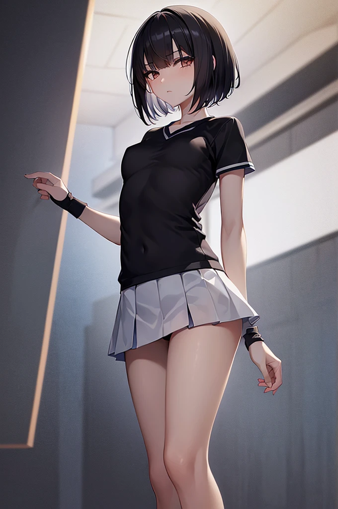 masterpiece, best quality,anime style, 1 girl,(((slender body))), (((small eyes,small breast))),(((cheerleader uniform))), (beautiful face), (((short hair))), (((straight hair))), ((((black hair)))),detailed beautiful skin, (perfect hands, perfect anatomy),scream