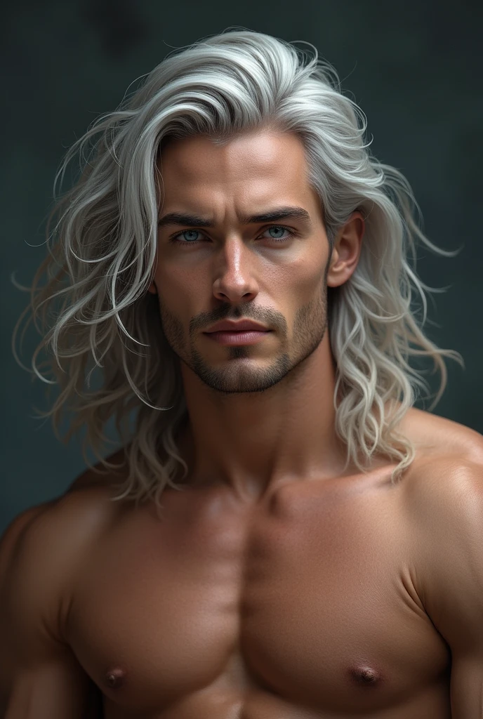 Make a man of average height with long silver hair, intense blue eyes, an athletic build, extremely handsome and very young, without a beard. 