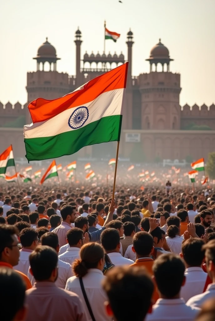 Lot of indian standing in front of red fort with indian flag in hands for hosting indian flag in independence day 