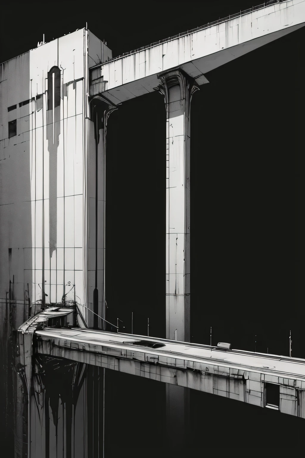 Side view of an imposing giant bridge of brutalist stone going across an imense of darkness, black and white, dark background