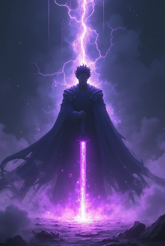 ((masterpiece)), ((High Definition)). The black silhouette of a simple man in the center in anime style. Instilling respect with his immense power. An electric aura of purple god emanates from him, With magical runes surrounding him. He holds in one of his hands a magical crystal sword, purple in color. Dynamic pose. With a black background.