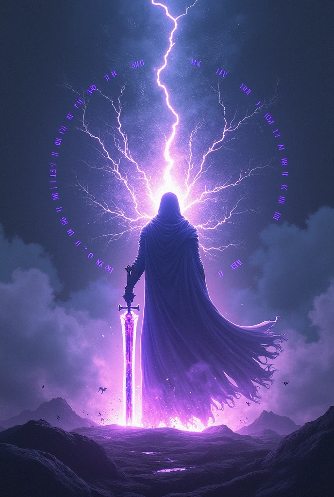 ((masterpiece)), ((High Definition)). The black silhouette of a simple man in the center in anime style. Instilling respect with his immense power. An electric aura of purple god emanates from him, With magical runes surrounding him. He holds in one of his hands a magical crystal sword, purple in color. Dynamic pose. With a black background.