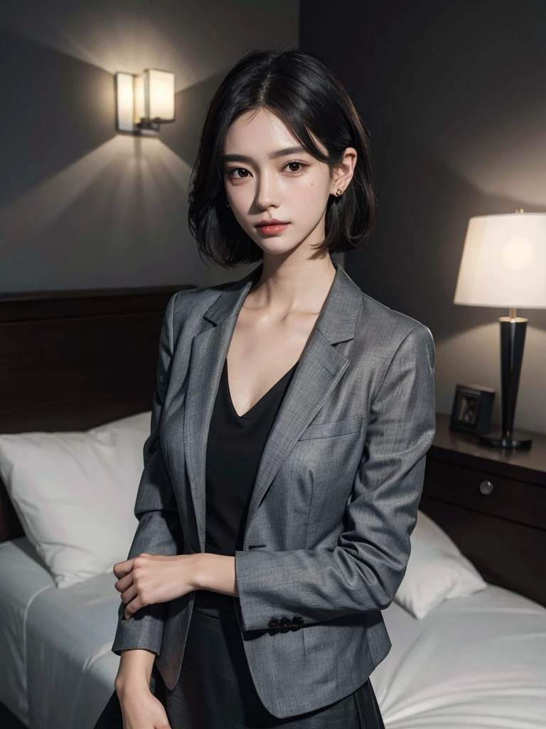 absurdres, RAW photo, extremely delicate and beautiful, masterpiece, Best Quality, ultra high resolution, 32k, hyper realistic, ultra-detailed, Very detailed CG 8k wallpaper, detailed background, landscape, Beautiful Lighting, Perfect Lightning, Realistic Shadows, perfect anatomy, anatomically correct, ideal ratio body proportions, perfect figure, Perfect Style, Perfect balance, super Detailed skin, in her 10s, very Slim body, narrow waist, very small head, very small face, delicate facial features, handsome detailed woman, very detailed eyes and face, realistic face proportions, Realistic beautiful face, Realistic beautiful eyes, tearful mole, earring, (very huge round tits), medium short hair, asymmetrical hair, wavy hair, (full body shot), (whole body shot), clavicle, dark grey jacket blazer, Dark gray skirt, (collared shirt), dress shirt, bed,