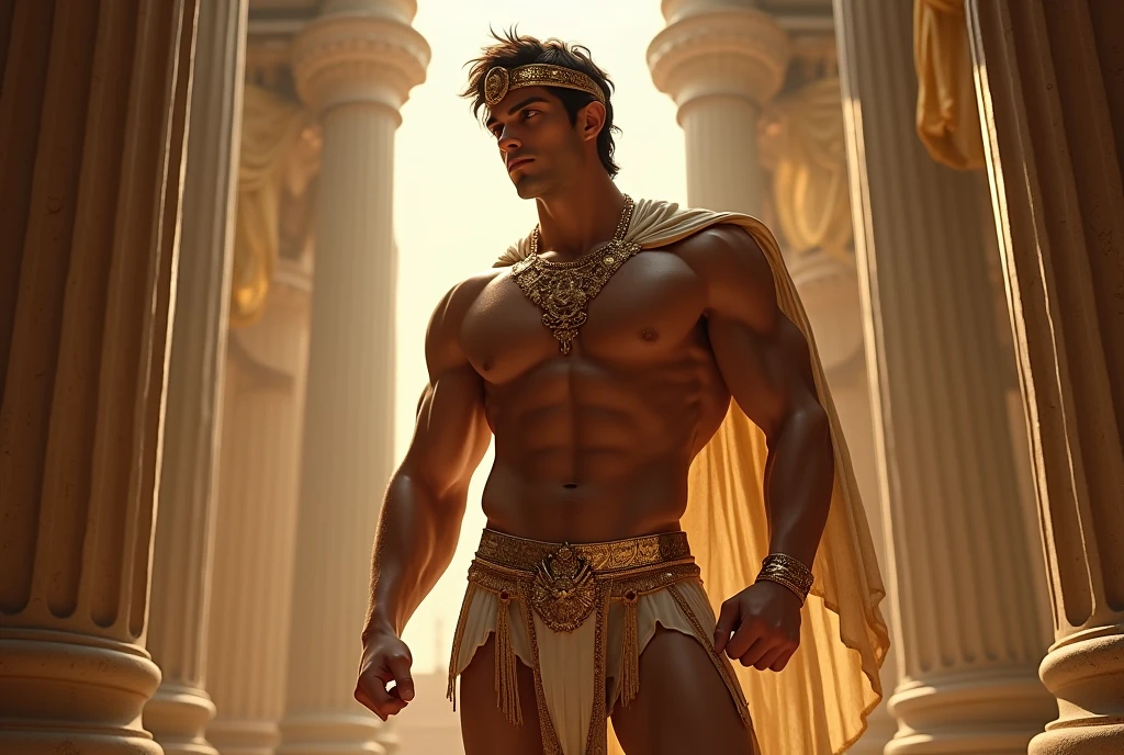 An ancient greek man, Chico, greek god, muscular, Graced, man de 25 años con poderosa presencia, greek headdress, ((wearing detailed greek tunics)), standing inside the greek temple, Intricate, elegant, Very detailed, masterpiece, extremely detailed, detailed background, Whole body, Best Quality, ancient greek architecture, Ancient Greece, eyes, man, (((newly dressed))), bare chest, (((body hair+++))), one arm up, low waist thong, big bulging crotch, clothes made of gold, male face, illuminated by golden sunlight, seductive look, sexy, curtains hanging from the ceiling, NSFW