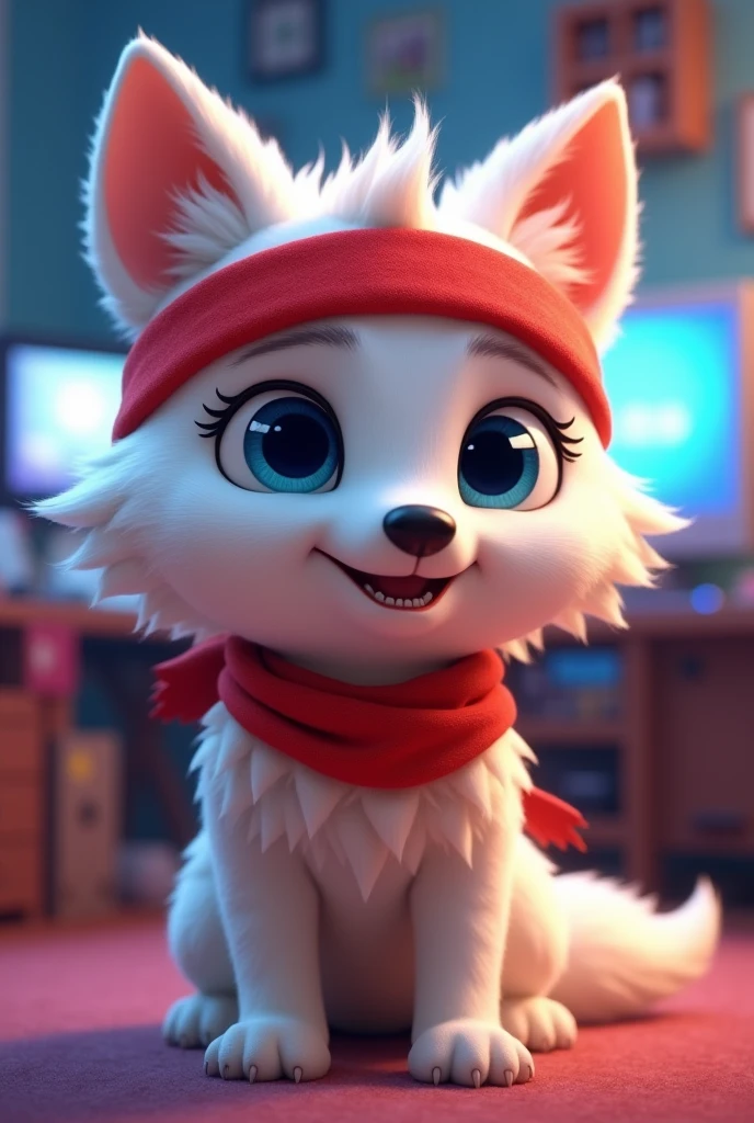 A slightly cuddly, male, white animated wolf child with blue eyes, wearing a red ninja headband, with a gamer room background from the neck up.