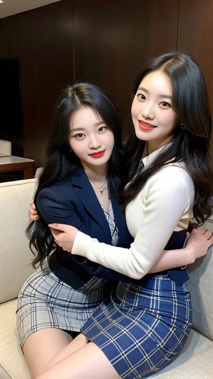 (70 years old korean ugly man and 20 years old korean girl hugging each other), big breasts, (1 korean girl、wavy and voluminous hair, strikingly beautiful, black hair, expressive eyes, red lips), (girl wear wearing blue and white pencil skirt, plaid pencil skirt, white shirt, blue and white plaid bow, eyes hook the soul seduces you), (70 years old korean man business suit), in the dark karaoke, girl sitting on the sofa and laughing, (((young girl hugging 70 years old korean man))), (((focus on old man))),