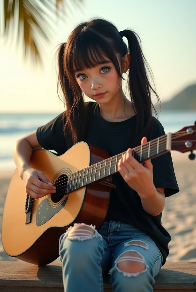 top-quality、8k picture、((masterpiece, Best Quality))1 girl in, Solo, black tshirt, Blue eyes, acoustic guitar, Guitar, double ponytails, Holding, holding plectrum, musical instrument, Long hair, Music, One side up, black hair, Twin-tailed, playing guitar, ripped jeans pants, sitting at bench, beach background, winding