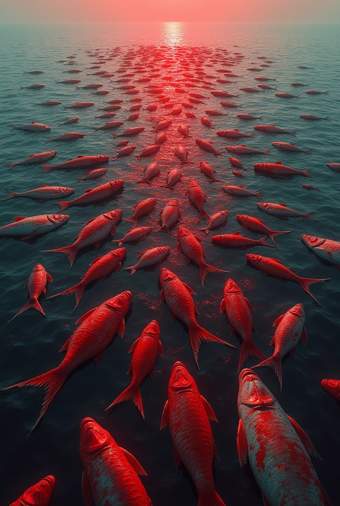 realistic image of the sea turned to blood with dead fish of different species
