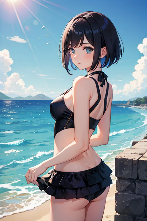 European girl cute bob cut medium hair scuba diving swimsuit relaxing in the sea round ass