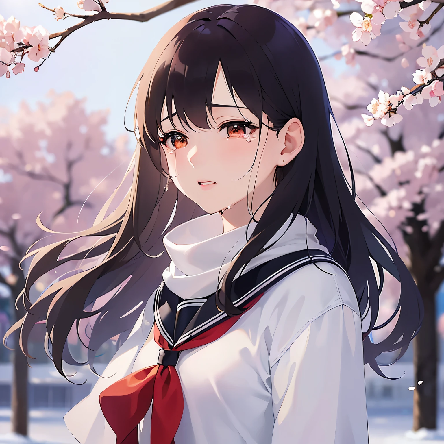 (looking away:1.5),head down,closed eyes,
Realistic, real person, (pale skin: 1.2), RAW photo, photorealistic, shiny skin, shiny hair、
(A 25-year-old woman with medium-length hair and bangs) and (wavy hair) and (brown hair) and (orange eyes),
BREAK sailor suit, dark blue collar, white shirts,red ribbon BREAK, BREAK white Scarf BREAK
(tearful:1.4),The background is school、cherry blossoms、(alone:1.5)