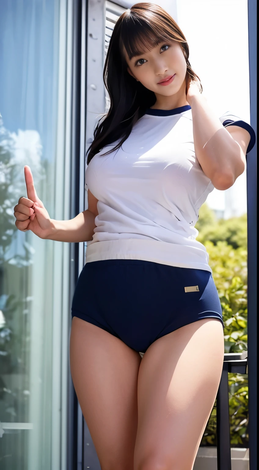 alone、high school girl、White skin、Natural Makeup、Black Hair、bangs、Straight Long Hair、(((White short-sleeved T-shirt on the upper body)))、(((Long white gym clothes)))、(((Very tight bloomerid rise bloomers)))、(((Navy Bloomers)))、(((Tuck the bottom of your gym clothes into your bloomers)))、Big Breasts、Big Ass、(((Schoolyard)))、(((Realistic fingers)))、(((Realistic style)))、((Perfect figure))、(((upright)))