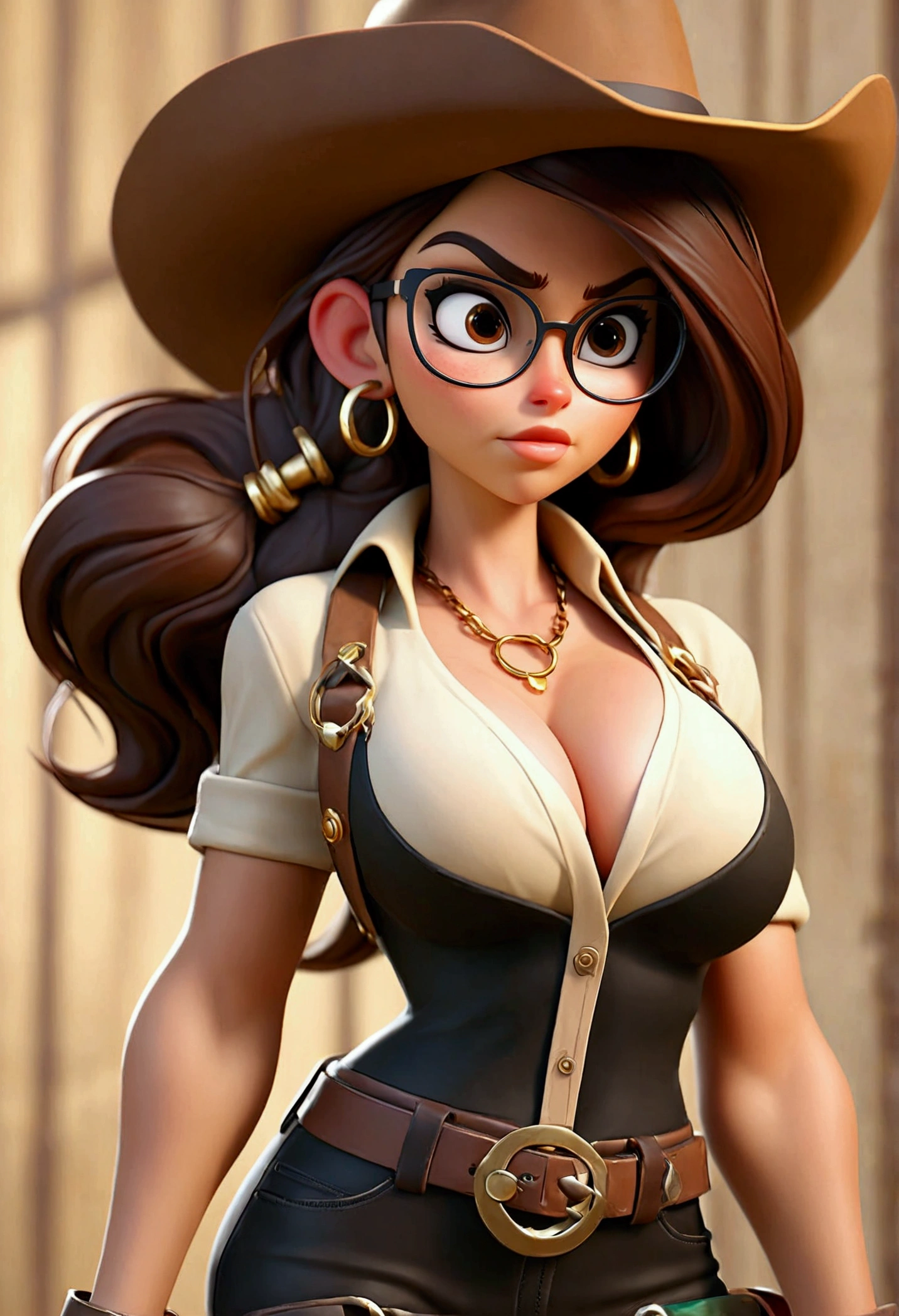 (Best quality, high resolution: 1.2), Ultra-detailed, (Realistic: 1.37) brunette, medium brown hair, brown eyes, with black glasses round small chest, 30 years, full body, brown leather cowgirl style((( big boobs sexy))) black suspender and gold chains neck