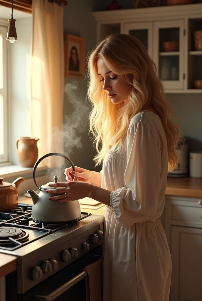 A beautiful blonde woman boiling water in the kettle.