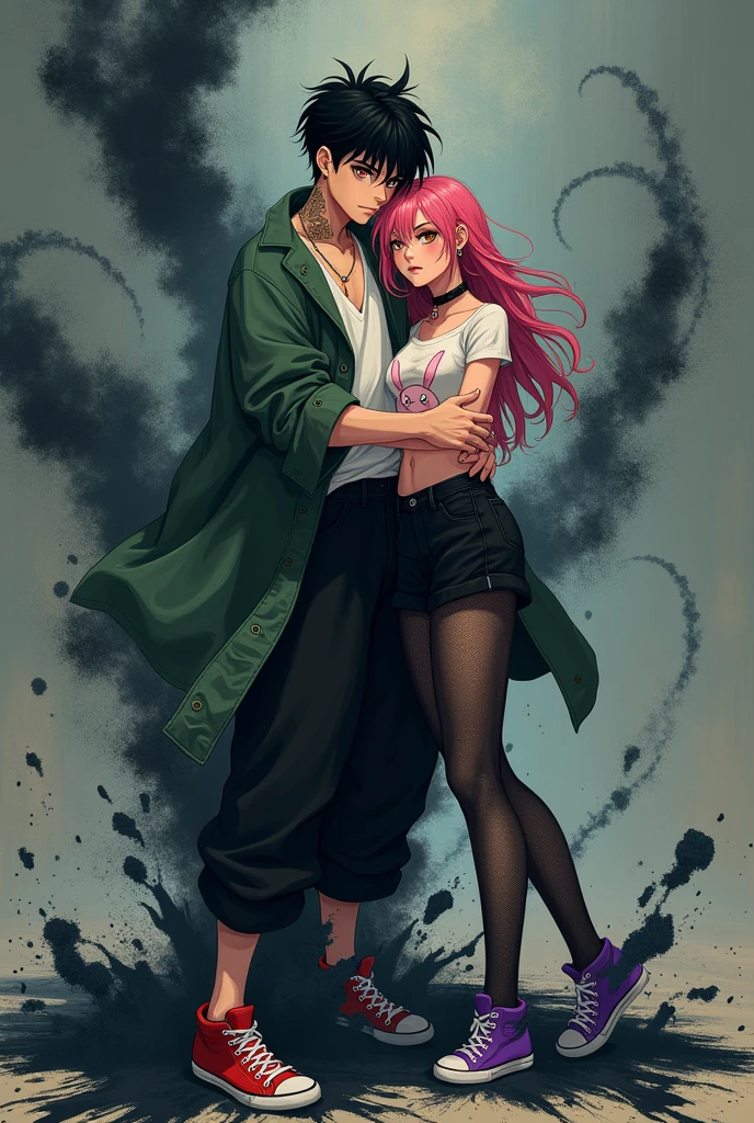 Create an illustration of an 18-19 year old boy,short black hair with orange eyes, giant burn scar on the left side of the face, skin fair, wearing an open green haori, white undershirt, black pants and a pair of red and black sneakers, transforming his right side into black sand and manipulating a black sandstorm. Like a 17-18 year old girl with pink hair, gold eyes, wearing a white top with a pink bunny print, Fishnet pantyhose, Black baggy pants, pair of purple shoes, wearing choker, kissing his neck.