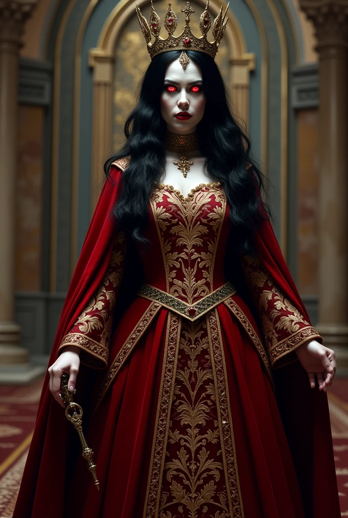 Appearance: The queen has an imposing presence, with a facial expression that radiates malice. His skin is pale, which contrasts with her jet-black hair that falls in long, silky waves. Her eyes are of an intense red, glowing with a supernatural brilliance that reveals her power to control the minds of others.
dress: She wears a long, majestic gown, made of a deep red fabric with golden embroidery that reflects the light in a hypnotic way. The dress has an elegant cut, with a high neckline and wide sleeves that give an air of royalty, as well as a veil that partially covers her face, adding a touch of mystery.
powers: The queen has the ability to hypnotize those who look her in the eye, controlling her thoughts and actions. When she wields her power, a dark and brilliant aura surrounds her, intensifying her presence.
Accessories: She wears an elaborate crown made of gold and rubies, and an ornate scepter that symbolizes her authority and power. Her gaze is piercing and filled with cunning, capable of intimidating anyone who dares to defy her.
