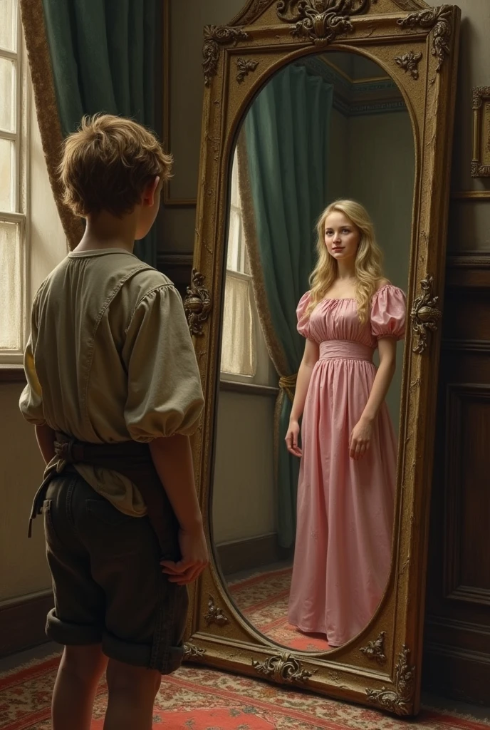 Create a medieval era boy dressed as a peasant looking at himself in the mirror, Reflecting her image in the mirror, a blonde princess wears a pink dress...