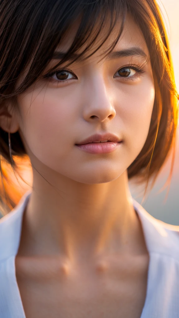 Model actress、One Woman、cool、Japanese and half European、Close-up of face、30 generation beauty、Realistic Skin、sunset
