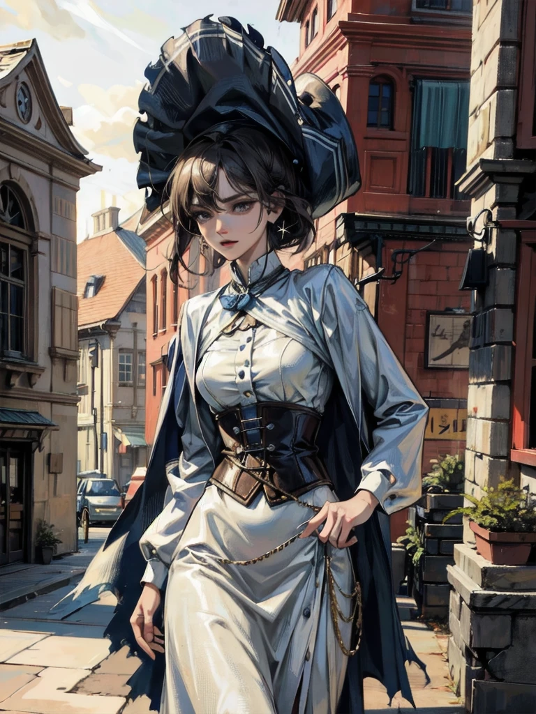 absurdres, RAW photo, extremely delicate and beautiful, masterpiece, Best Quality, ultra high resolution, 32k, hyper realistic, ultra-detailed, Very detailed CG 8k wallpaper, detailed background, landscape, Beautiful Lighting, Perfect Lightning, Realistic Shadows, perfect anatomy, anatomically correct, ideal ratio body proportions, perfect figure, Perfect Style, Perfect balance, super Detailed skin, in her 30s, very Slim body, narrow waist, very small head, very small face, delicate facial features, handsome detailed woman, very detailed eyes and face, realistic face proportions, Realistic beautiful face, Realistic beautiful eyes, tearful mole, earring, very huge round tits, medium short hair, asymmetrical hair, wavy hair, outdoor, (cowboy shot), victorian, Practical pirate clothing, Long-sleeved pirate top, Skirt, Torn pirate hat,