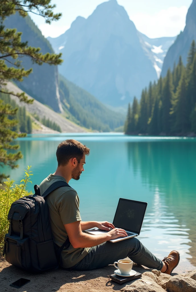 "Create an image of a man working on his laptop in a stunning outdoor location, representing geographic freedom. He is sitting comfortably on a beach or by a mountain lake, with his computer open and focused on his work. The environment is serene, with clear skies and natural beauty all around. The man has a relaxed yet productive vibe, combining the idea of remote work with the freedom to travel. Elements like a backpack, coffee mug, and smartphone can be included to emphasize the balance between work and adventure."