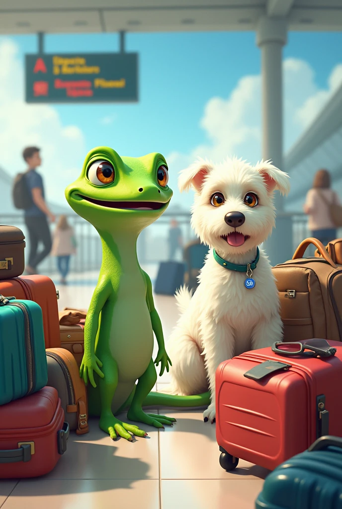 A lizard and a white dog missing their flight with their luggage