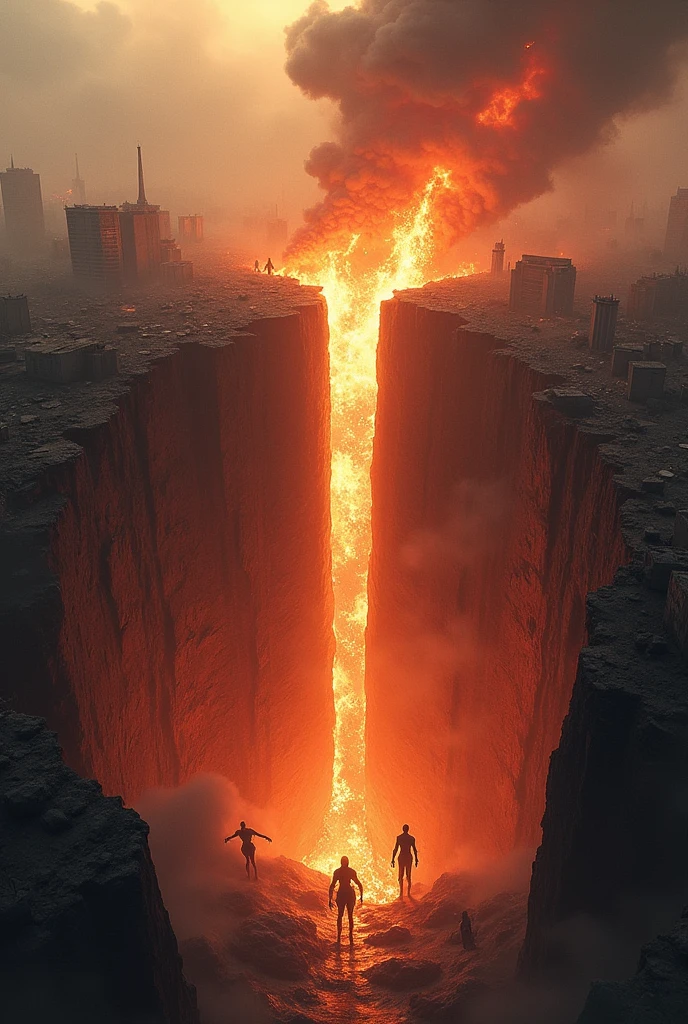 Big crack on some street with skeleton-looking souls coming out of it, with flames and all that, destroyed buildings, portal to hell, lots of smoke, skeletons crawling out of the crack, lots of fire and lava, fallen buildings, shot from the sky