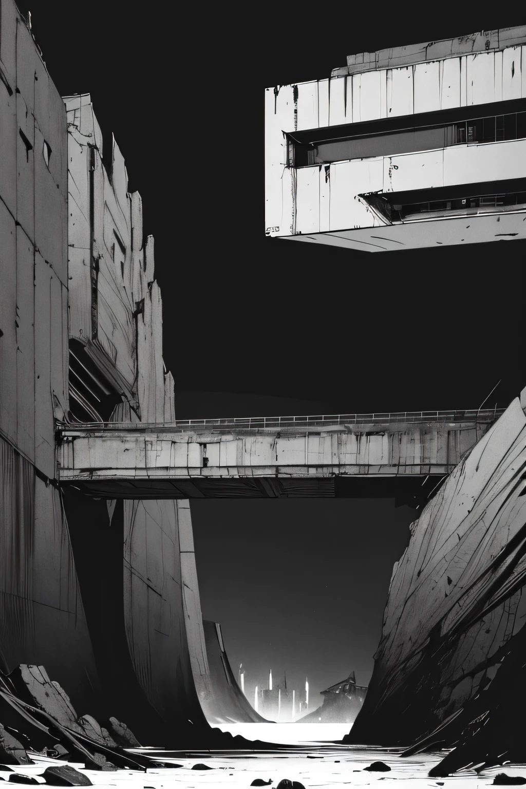 Side view of an imposing giant bridge of brutalist stone going across an imense of darkness, black and white, dark background