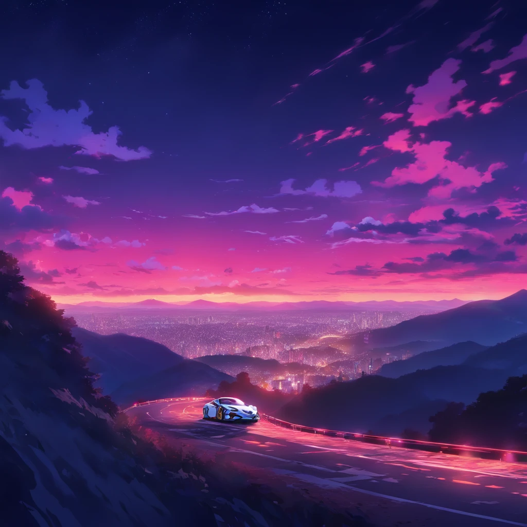 Late Night、downhill on a mountain pass、Sharp curve、inertia drift、A white PEUGEOT、darkness、