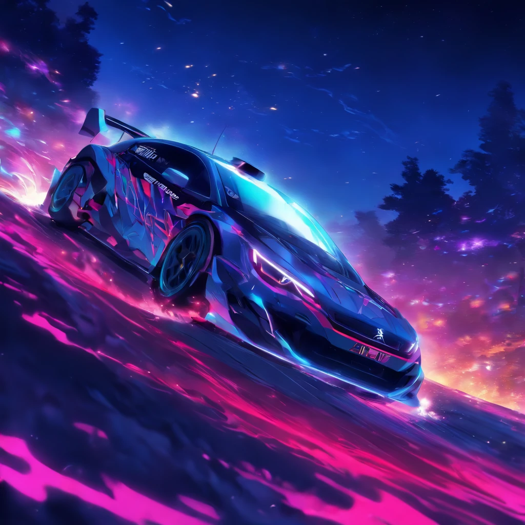 Late Night、downhill on a mountain pass、Sharp curve、inertia drift、A white PEUGEOT、darkness、