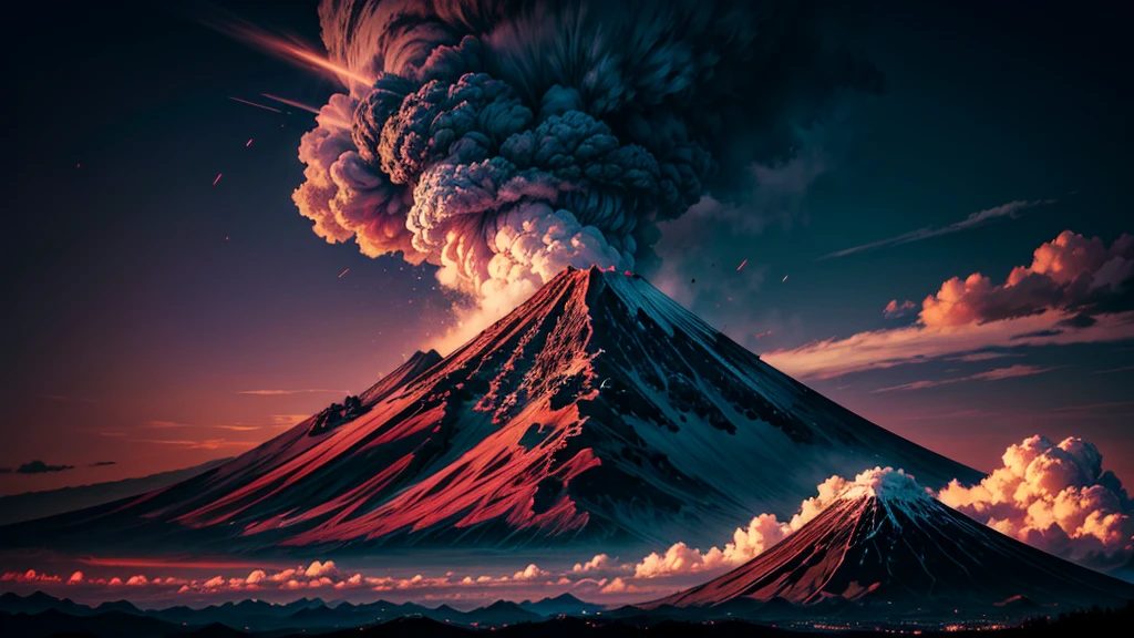The scene mountains in mauve color with color full clouds. The sky should be rendered in a nearly realistic, almost nighttime setting.” aThe atomic bomb exploded on Mt. Fuji, forming a black and gray mushroom cloud, spectacular scenes, stunning scenery, realistic, authentic textures, ultra-high definition ultra-high resolution, stunning photos taken by professional cameras, octane rendering, volumetric lighting, world-famous award-winning works, unparalleled masterpieces