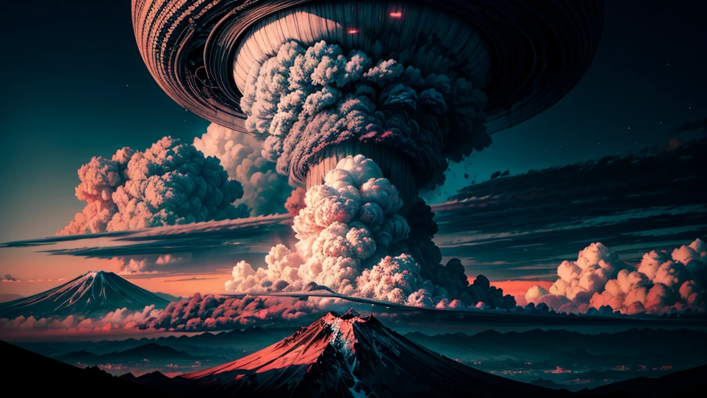 The scene mountains in mauve color with color full clouds. The sky should be rendered in a nearly realistic, almost nighttime setting.” aThe atomic bomb exploded on Mt. Fuji, forming a black and gray mushroom cloud, spectacular scenes, stunning scenery, realistic, authentic textures, ultra-high definition ultra-high resolution, stunning photos taken by professional cameras, octane rendering, volumetric lighting, world-famous award-winning works, unparalleled masterpieces