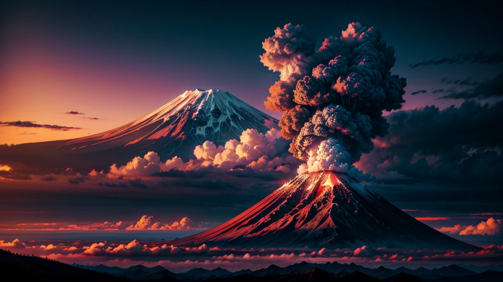The scene mountains in mauve color with color full clouds. The sky should be rendered in a nearly realistic, almost nighttime setting.” aThe atomic bomb exploded on Mt. Fuji, forming a black and gray mushroom cloud, spectacular scenes, stunning scenery, realistic, authentic textures, ultra-high definition ultra-high resolution, stunning photos taken by professional cameras, octane rendering, volumetric lighting, world-famous award-winning works, unparalleled masterpieces