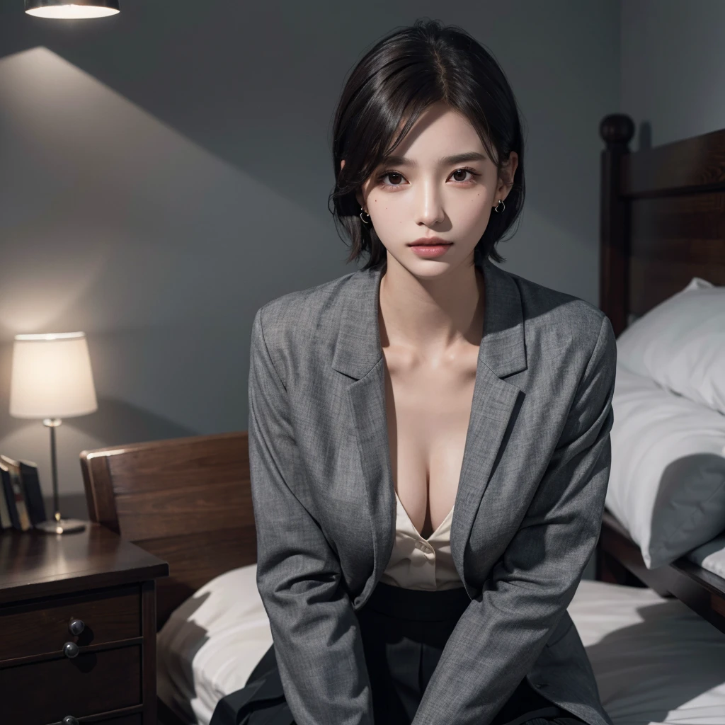 absurdres, RAW photo, extremely delicate and beautiful, masterpiece, Best Quality, ultra high resolution, 32k, hyper realistic, ultra-detailed, Very detailed CG 8k wallpaper, detailed background, landscape, Beautiful Lighting, Perfect Lightning, Realistic Shadows, perfect anatomy, anatomically correct, ideal ratio body proportions, perfect figure, Perfect Style, Perfect balance, super Detailed skin, in her 10s, very Slim body, narrow waist, very small head, very small face, delicate facial features, handsome detailed woman, very detailed eyes and face, realistic face proportions, Realistic beautiful face, Realistic beautiful eyes, tearful mole, earring, (very huge round tits), medium short hair, asymmetrical hair, wavy hair, (full body shot), (whole body shot), clavicle, dark grey jacket blazer, Dark gray skirt, (collared shirt), bed,