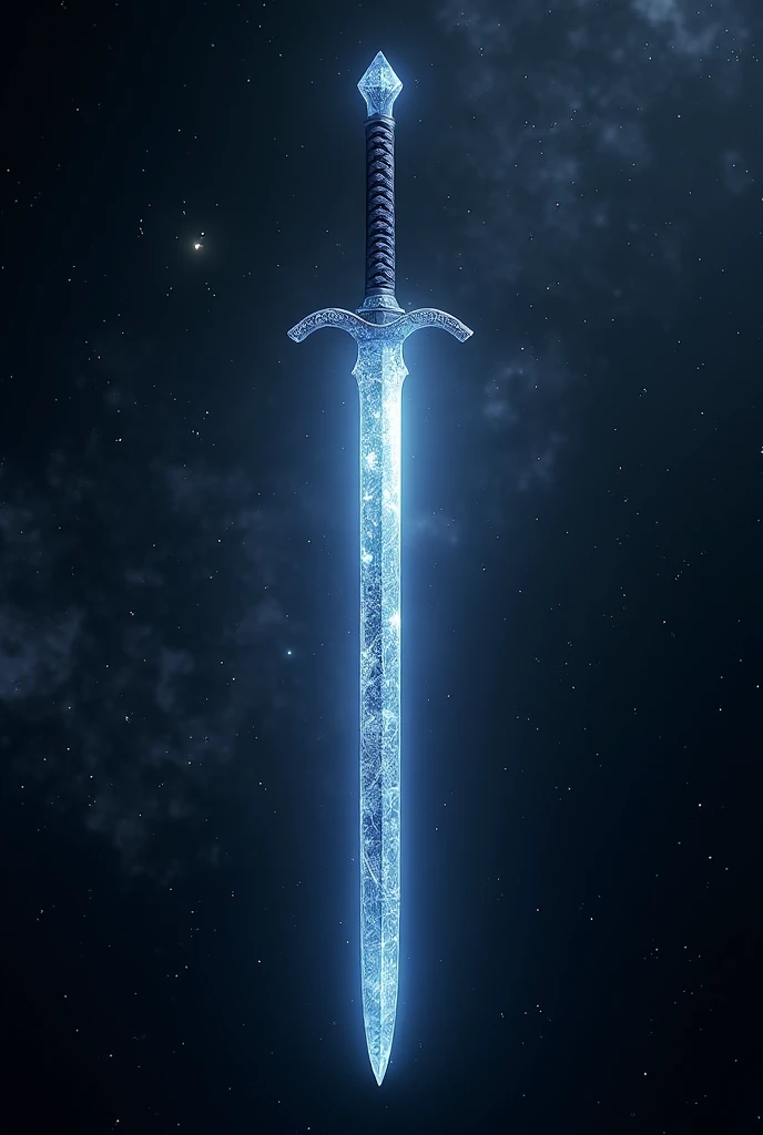 A gleaming diamond katana suspended in the air amidst the universe.