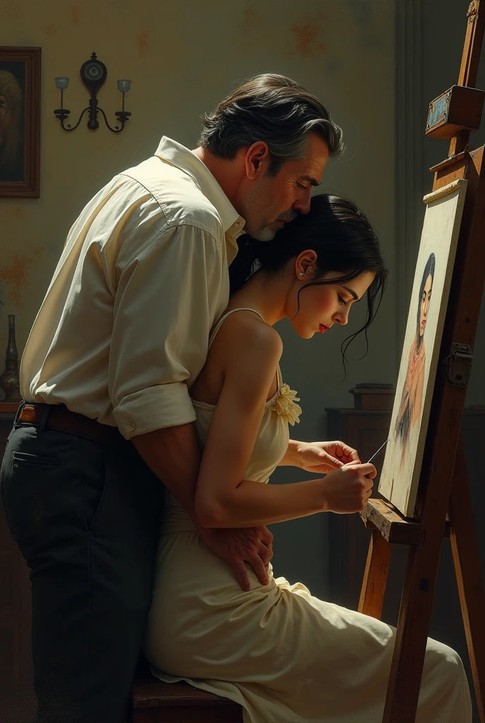 an older man with black hair kissing a young girl on the mouth and hugging her from behind, while the young woman is painting