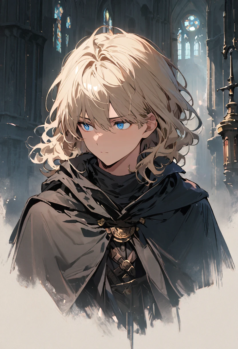 masterpiece, best quality, very aesthetic, absurdres,1girl,(hyper detailed eyes),blonde hair,short hair,[disheveled hair],colored eyelashes,blonde eyelashes,blue eyes,(sharp eyes),(slanted eyes),choppy bangs,medium breasts,clear face,expressionless,hooded cloak,leather armor,