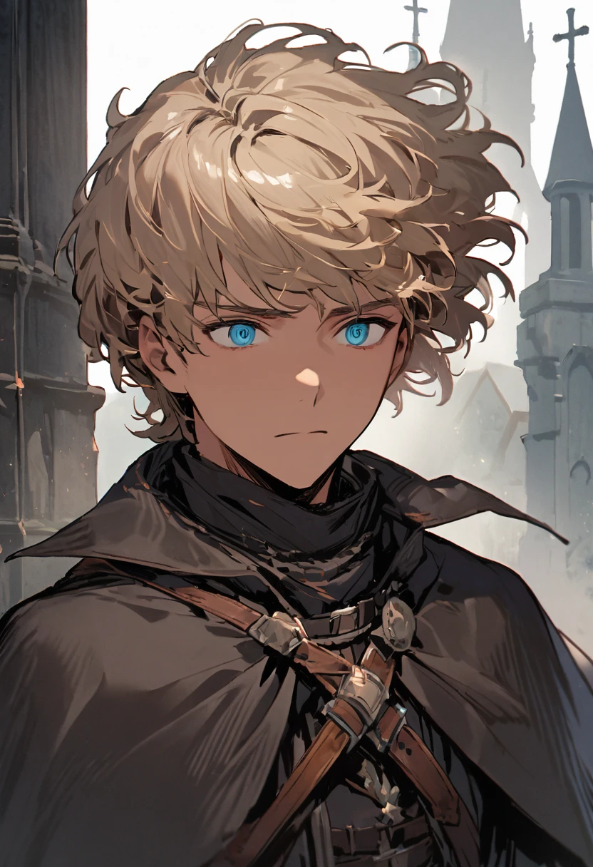 masterpiece, expressive eyes, perfect face, best quality, 1boy, male focus, solo focus, Adult, Fighter, Echo Knight, light blue eyes, tanned skin, cropped hair, clean hair, wavy hair, ash blonde hair, Hunter, Celestial, Church belfry, fingerless gloves, bloodborne, black capelet
