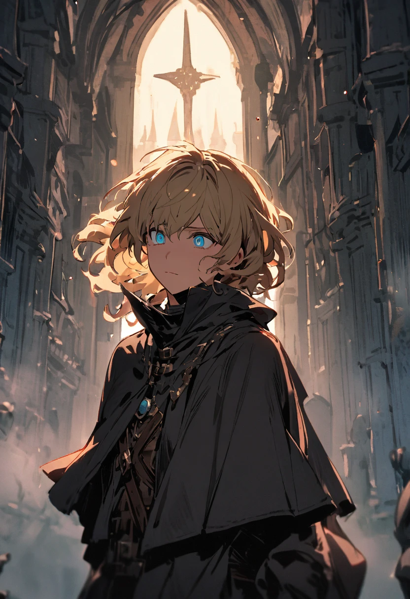 masterpiece, expressive eyes, perfect face, best quality, 1boy, male focus, solo focus, Adult, Fighter, Echo Knight, light blue eyes, tanned skin, cropped hair, clean hair, wavy hair, ash blonde hair, Hunter, Celestial, Church belfry, fingerless gloves, bloodborne, black capelet
