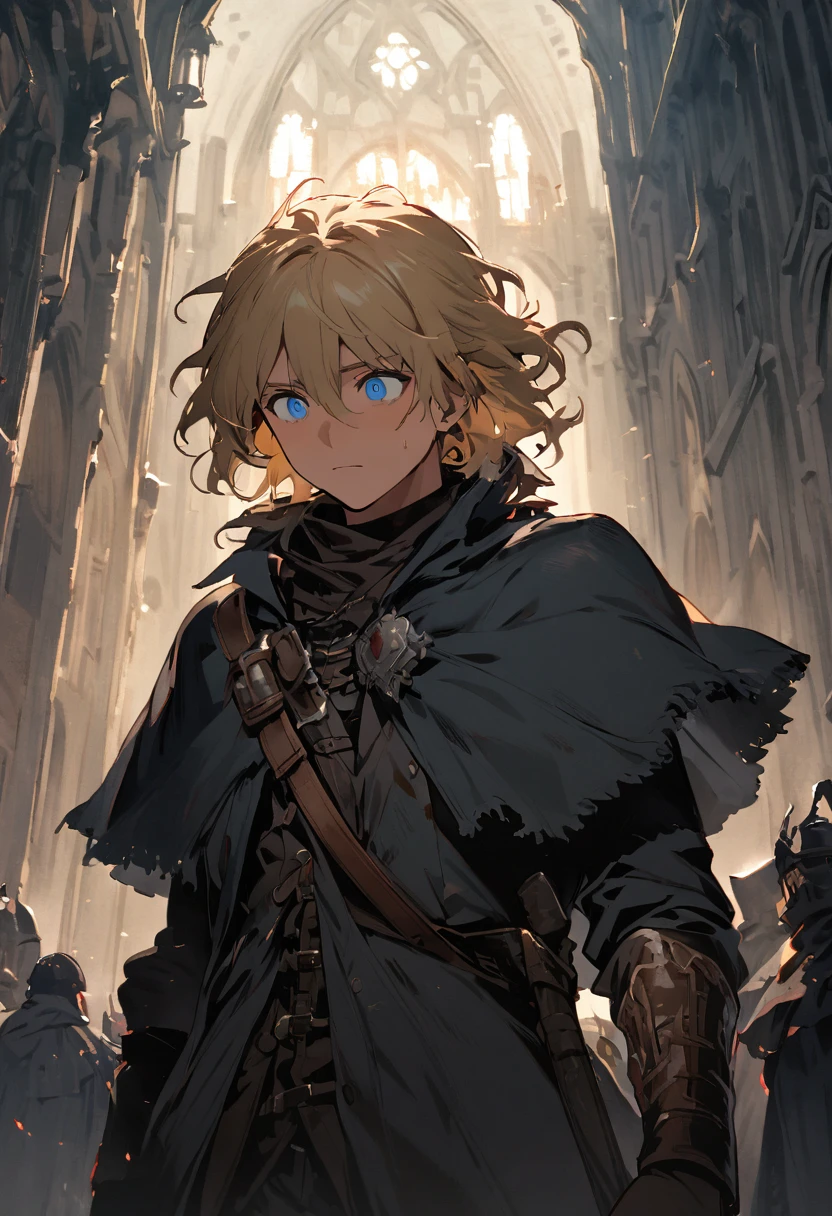 masterpiece, expressive eyes, perfect face, best quality, 1boy, male focus, solo focus, Adult, Fighter, Echo Knight, light blue eyes, tanned skin, cropped hair, clean hair, wavy hair, ash blonde hair, Hunter, Celestial, Church belfry, fingerless gloves, bloodborne, black capelet
