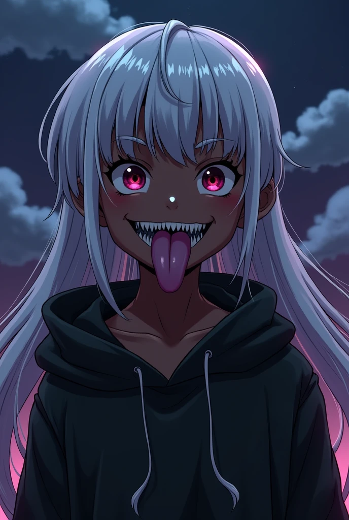 Black girl with white hair, white eyebrow, white eyelashes, brown skin tone, with a malicious smile and a large, sharp tongue sticking out, the night with a lighting tone pulled towards purple and a bit of blue art style: アニメ