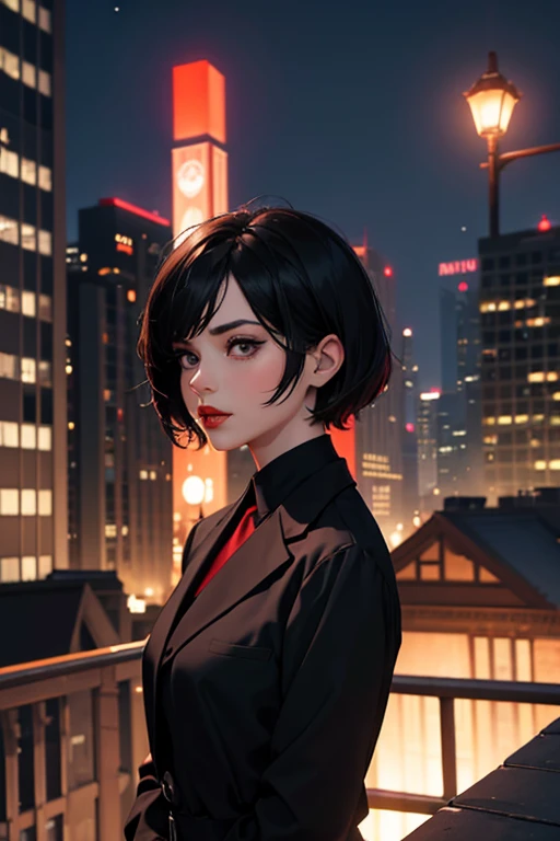 (Best quality, masterpiece:1.2), girl with black short hair, with bright red lips, in a black suit, On the roof of a building, night