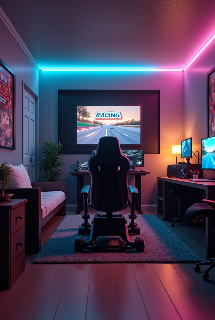 racing simulator, bed, closet, chair, room, racing car, picture RACING, computers, bedroom, 3D, medium room